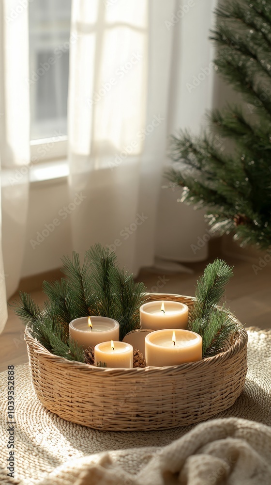 An empty scene featuring a Christmas-themed gift basket filled with festive-scented candles, creating an ideal product mockup space, An empty scene featuring a Christmas-themed gift basket filled with festive-scented candles, creating an ideal product mockup space,