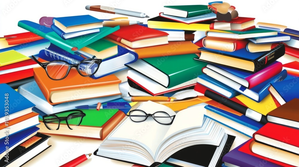 Colorful Stack of Books and Stationery on White Background. Colorful Stack of Books and Stationery on White Background.