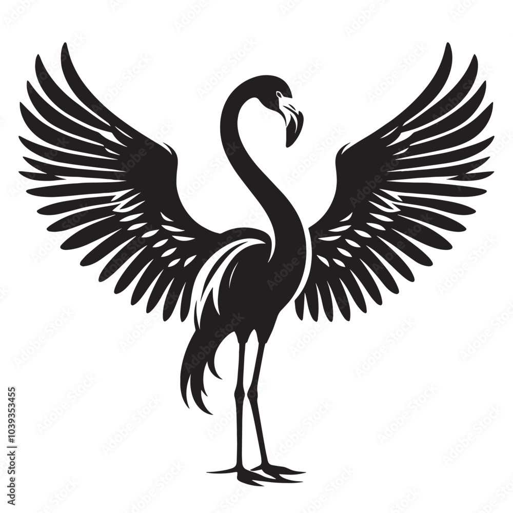 Fototapeta premium Black silhouette of flamingo with wings spread.