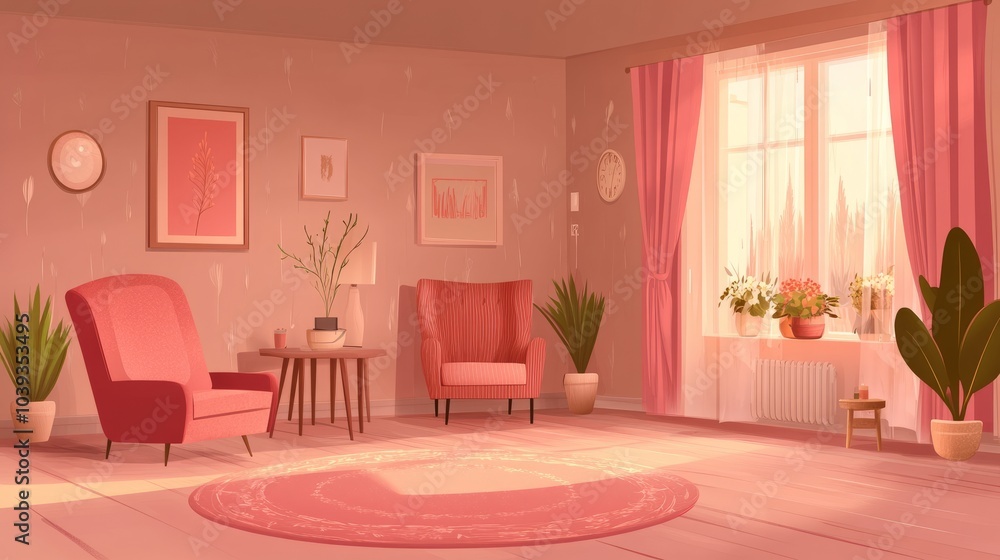 Fototapeta premium Cozy living room with two armchairs, a coffee table, a rug, potted plants, a window with curtains, and artwork on the walls.