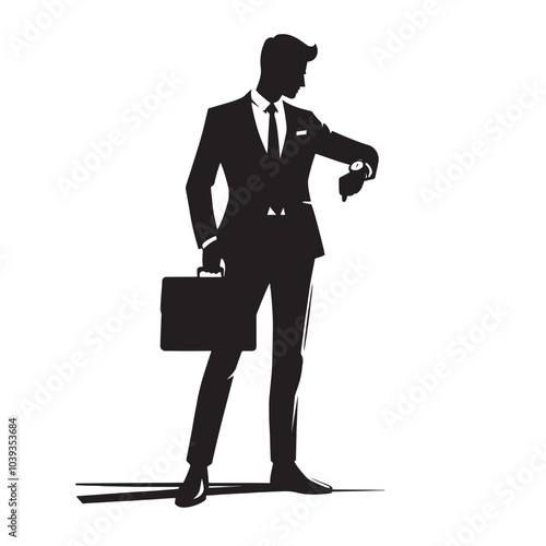 Businessman looking at watch with briefcase.