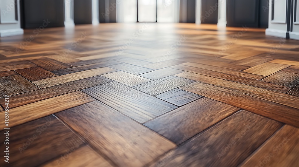 A close-up shot of a herringbone pattern wooden floor. The warm, rich tones of the wood are highlighted by the natural light coming in from the windows. A close-up shot of a herringbone pattern wooden floor. The warm, rich tones of the wood are highlighted by the natural light coming in from the windows.