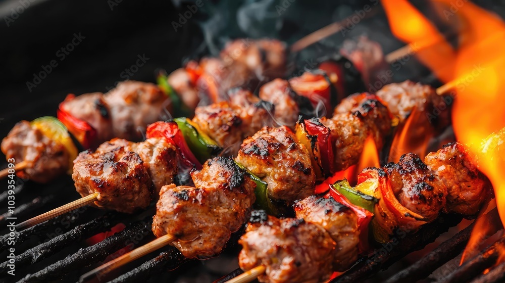 Grilled skewers with meat and vegetables over burning flames. Grilled skewers with meat and vegetables over burning flames.