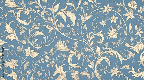 Wallpaper Mural Delicate white linework, forming floral and vine motifs on a rich teal background, showcasing the graceful, natural curves of Art Nouveau design. Torontodigital.ca