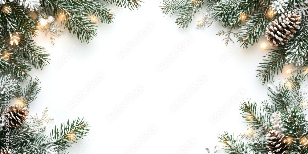 christmas border with coniferous branches and garlands of christmas lights on white background christmas border with coniferous branches and garlands of christmas lights on white background