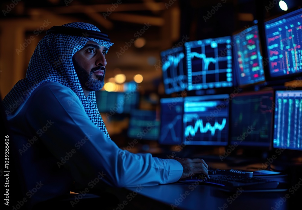 A businessman in a traditional garment analyzes financial data on multiple computer screens in a dimly lit office. A businessman in a traditional garment analyzes financial data on multiple computer screens in a dimly lit office.