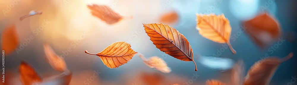 Colorful autumn leaves falling against a soft blurred background. Colorful autumn leaves falling against a soft blurred background.