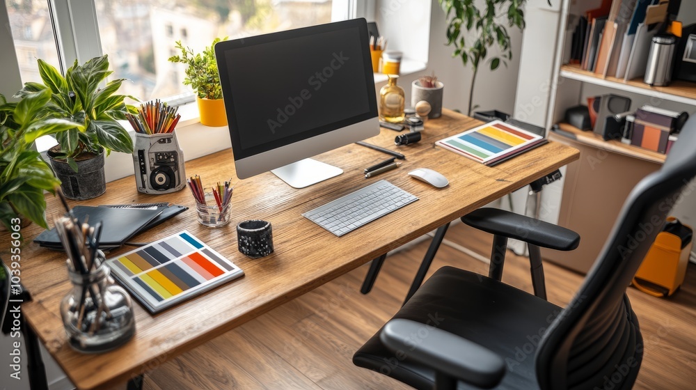 Naklejka premium Modern office workspace with a computer, keyboard, and mouse on a wooden desk.