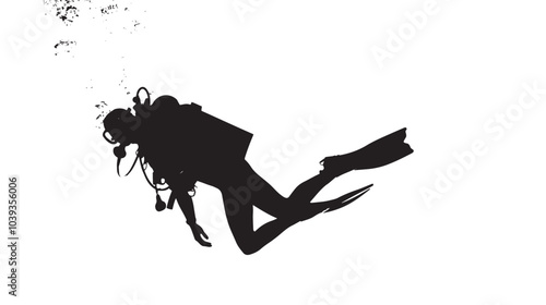 A silhouette of a diver swimming underwater isolated in White background