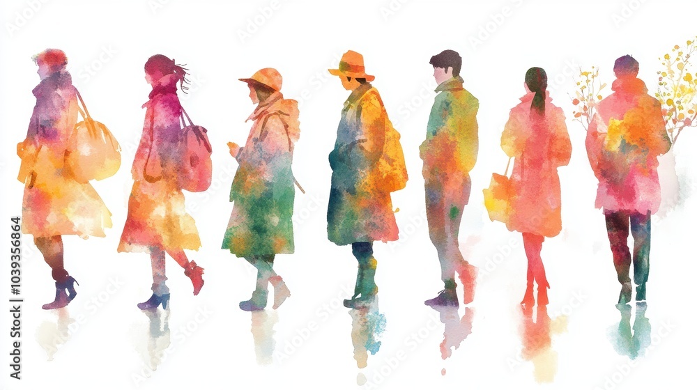 Fototapeta premium Young adults walking in autumn clothes watercolor illustration
