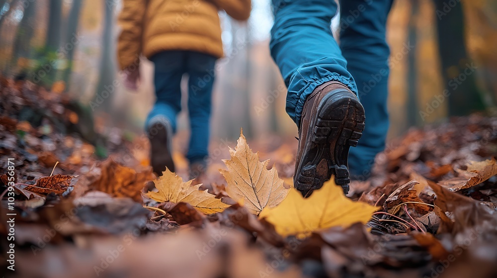 Children walking on a forest path covered with autumn leaves. Children walking on a forest path covered with autumn leaves.