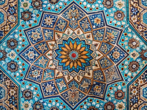 Persian mosaic wall art: a tapestry of blue, cyan, brown, and white.