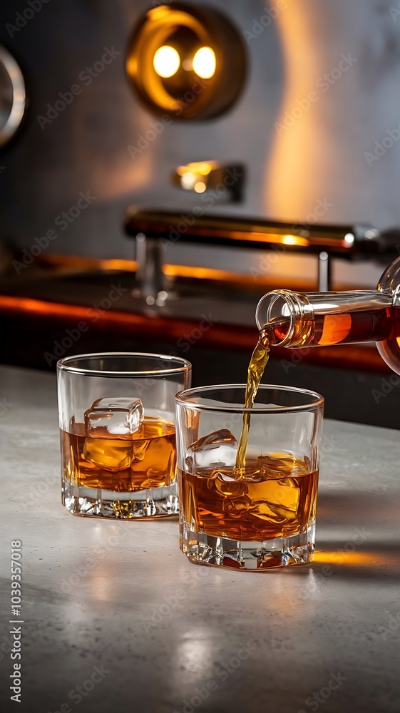 Whiskey Pouring Elegance. Two Glasses with Ice on Concrete Table, One Being Poured from a Bottle Against a Stylish Bar Background Whiskey Pouring Elegance. Two Glasses with Ice on Concrete Table, One Being Poured from a Bottle Against a Stylish Bar Background