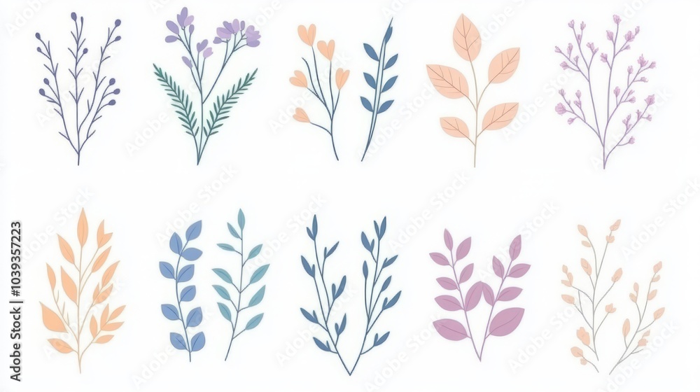 Set of 12 hand-drawn floral branches in pastel colors. Set of 12 hand-drawn floral branches in pastel colors.