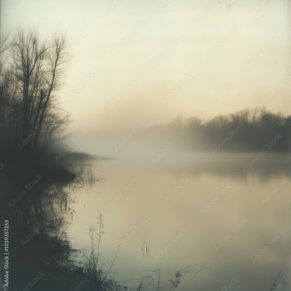 Fototapeta premium Landscape with dense fog over river