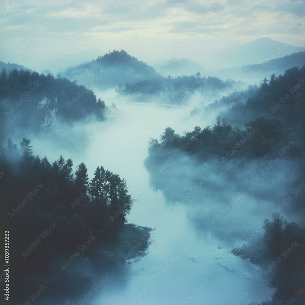 Landscape with dense fog over river Landscape with dense fog over river