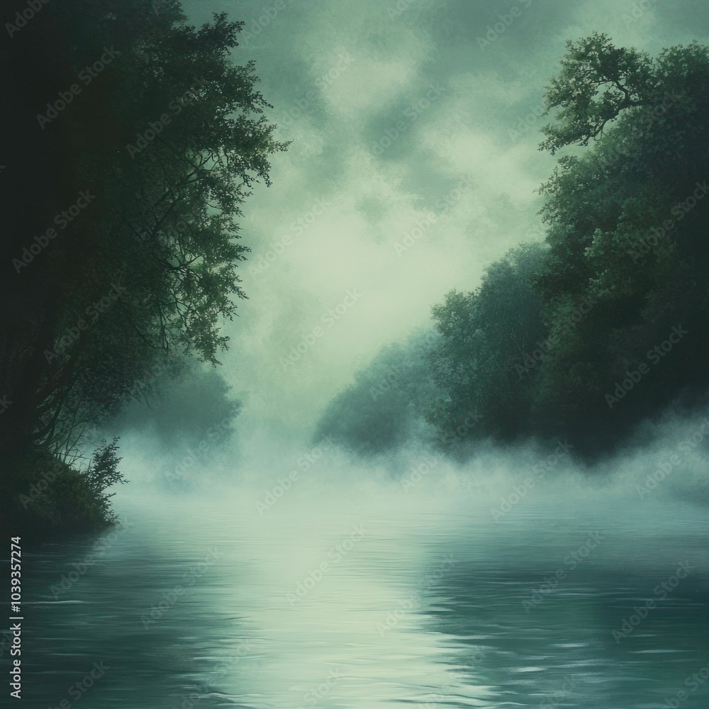 Landscape with dense fog over river Landscape with dense fog over river