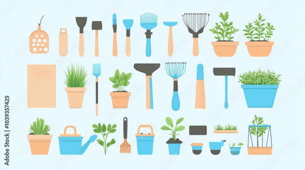 Set of gardening tools and potted plants. Set of gardening tools and potted plants.