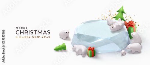 Christmas background. Creative realistic 3d cartoon design, cute polar bear figurines playing around an ice block with green Christmas tree and holiday gift box and gold confetti. Vector illustration