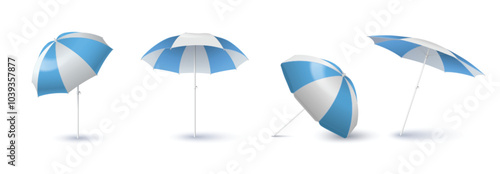 White and blue beach umbrella mockup. Realistic 3d vector set of blank sunshade parasol for branding and advertising. Safe summertime leisure protection accessory in different angles of view.