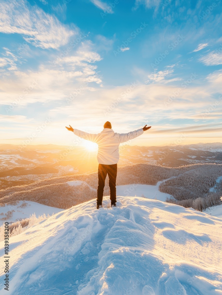 Person Standing on Snowy Hill at Sunrise Person Standing on Snowy Hill at Sunrise