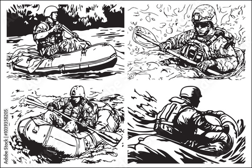 Black and White Rafting on the Lake vector illustration