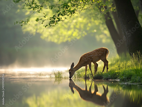 Deers in the forest. Deer in a green forest with a lake.  photo