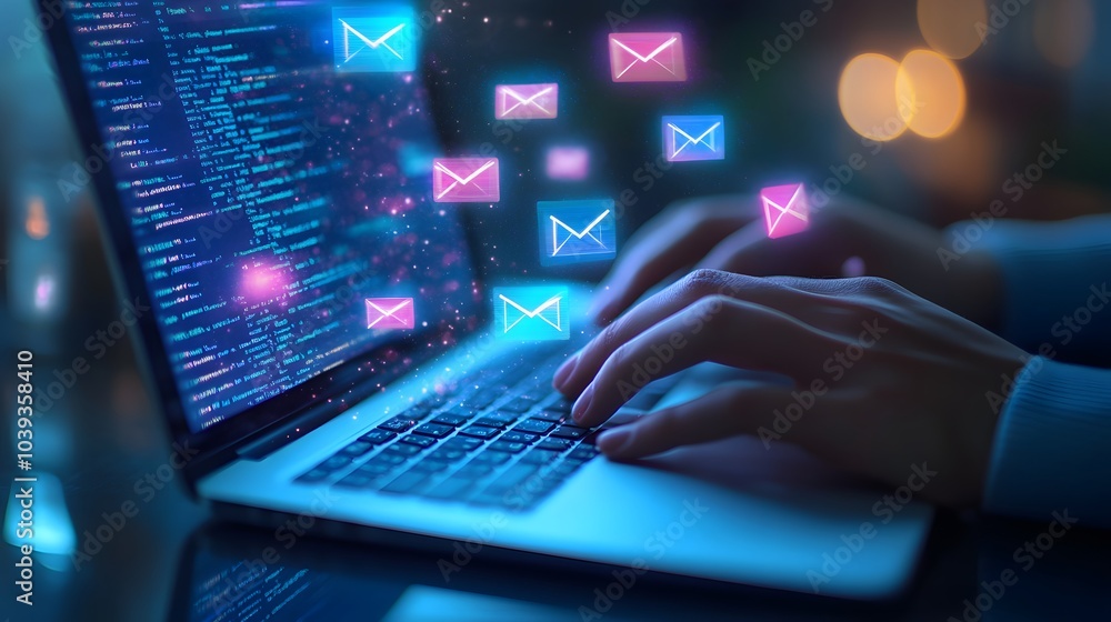 Laptop Keyboard with Glowing Email Icons, Nighttime, Web Design, Digital Communication, Online Messaging, Technology Concept. Laptop Keyboard with Glowing Email Icons, Nighttime, Web Design, Digital Communication, Online Messaging, Technology Concept.