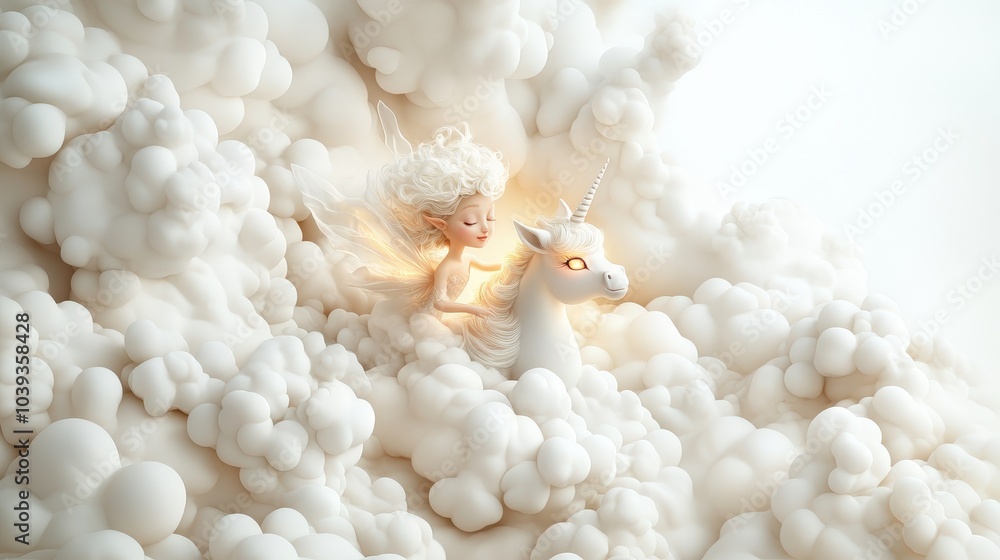 Fairy Riding Unicorn Through Clouds. Fairy Riding Unicorn Through Clouds.