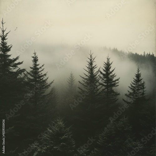 Landscape with fog-covered pine trees