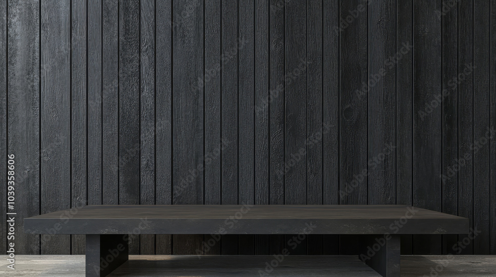dark gray wooden backdrop with minimalist table creates modern and sleek atmosphere, perfect for product photography or interior design. texture adds depth and elegance dark gray wooden backdrop with minimalist table creates modern and sleek atmosphere, perfect for product photography or interior design. texture adds depth and elegance