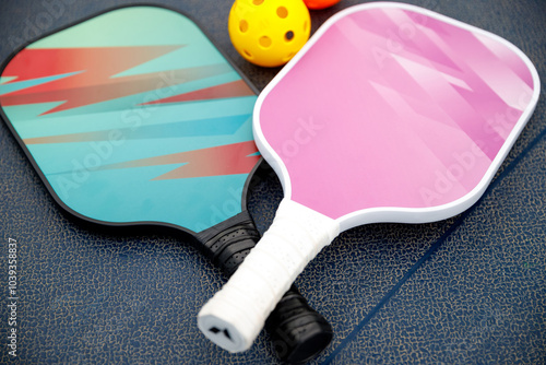 pickleball paddles, pickleball ball, sports equipment, pickleball court, outdoor game, recreational sport, active lifestyle, leisure activity, game setup, court sports, paddle sports, team sports photo