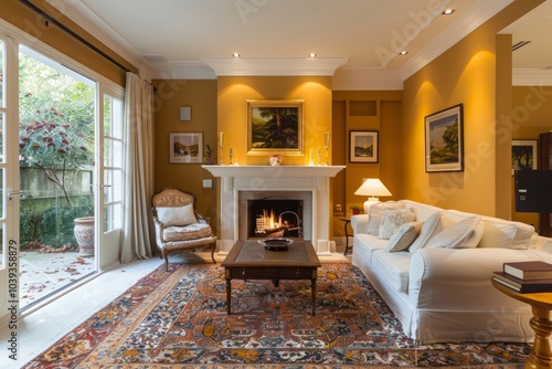 LIving room with fireplace, mustard wall color and beautiful rug.