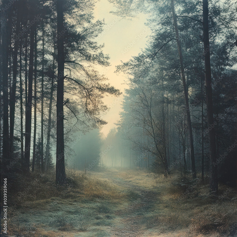 Naklejka premium Landscape with foggy morning in forest