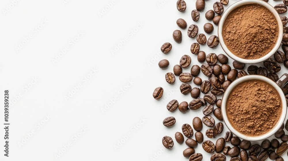 Coffee Beans and Powder in Cups on White Background. Coffee Beans and Powder in Cups on White Background.