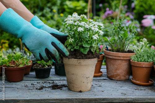 A gardener plants seedlings of greenery or flowers, hands in gardening gloves. Spring sustainable gardening