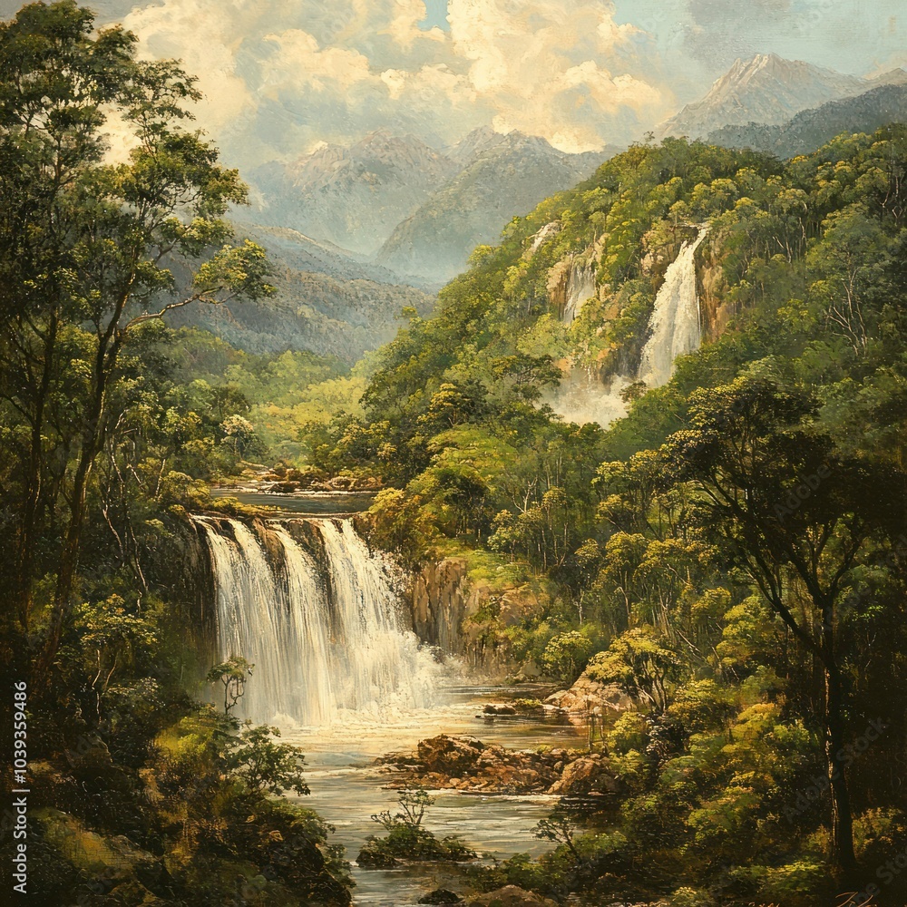 Landscape with forest and waterfall Landscape with forest and waterfall