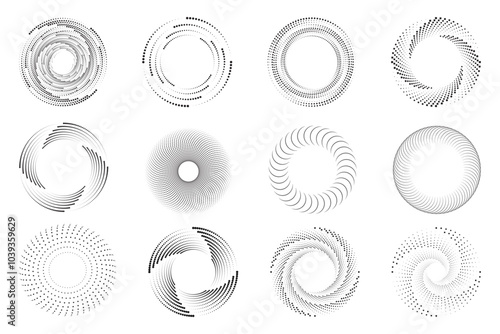 Abstract dot pattern. Graphic logo icon round swirl line. Vector spiral circle element. White and black symbol art technical digital. 