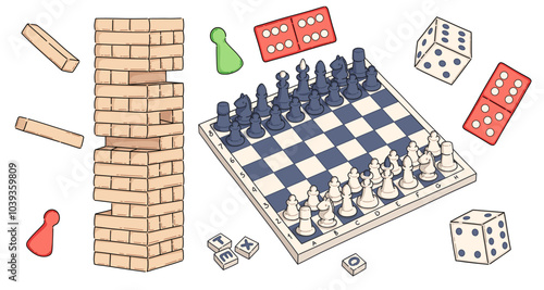 Board game for family, friends and children home leisure. Cartoon vector illustration set of different boardgame elements - chess figures on checkerboard and wooden jenga tower, dice and domino pieces