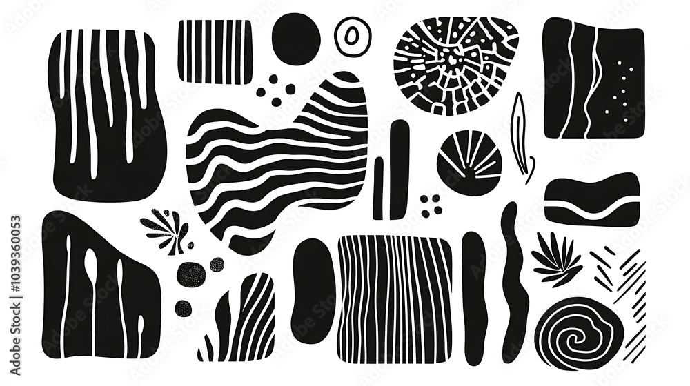 Monochrome hand-drawn abstract shapes and stripe lines in a minimalist mid-century style, perfect for modern wall art Monochrome hand-drawn abstract shapes and stripe lines in a minimalist mid-century style, perfect for modern wall art
