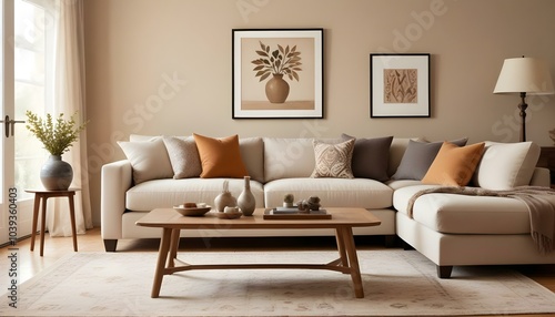 A cozy living room with a beige sofa, wooden coffee table, and a framed artwork on the wall.