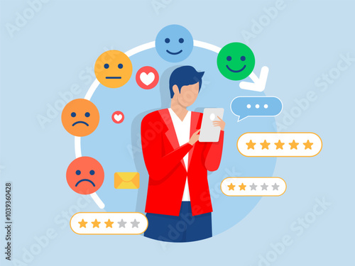 Customer feedback concept,man use smart phone for Credit score or satisfaction measurement, customer satisfaction level emoji level. feedback star rating with good and bad emotions. 