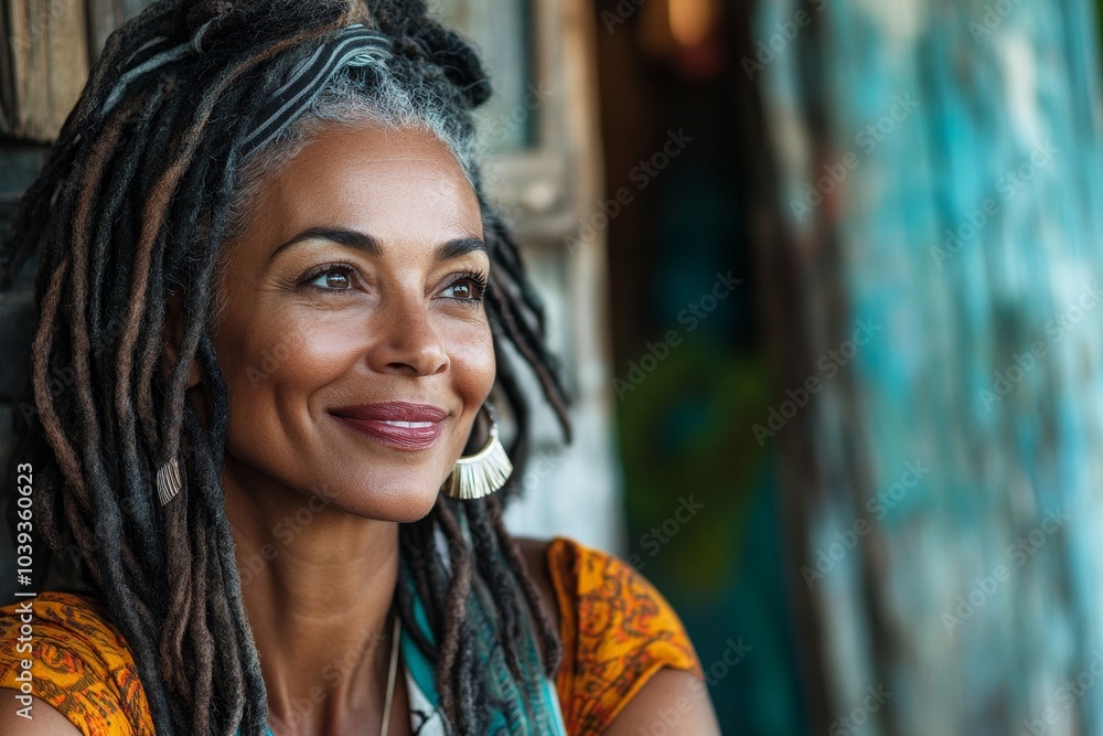 Fototapeta premium Mature woman with dreadlocks looking away with a happy smile, Generative AI