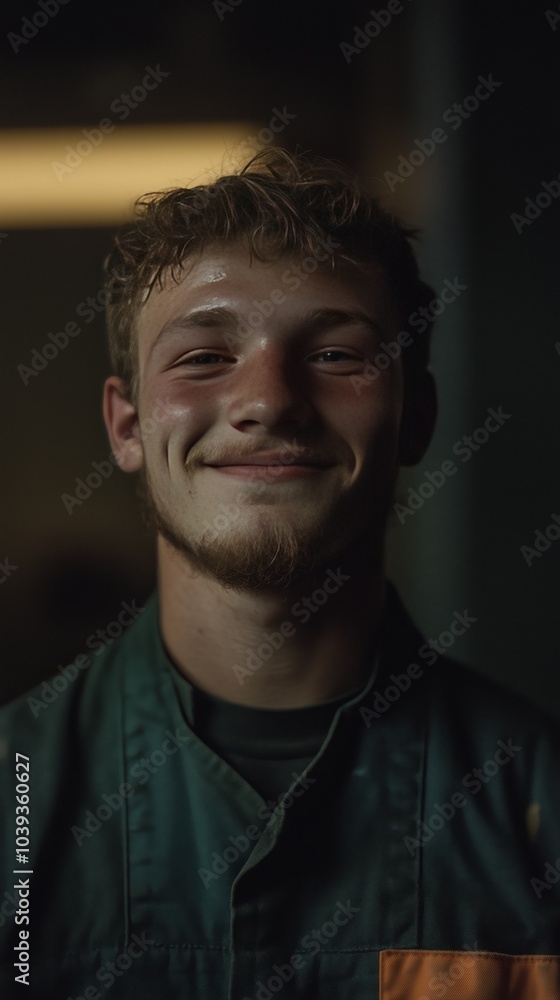 Smiling Young Man in Work Uniform with a Friendly Expression Smiling Young Man in Work Uniform with a Friendly Expression