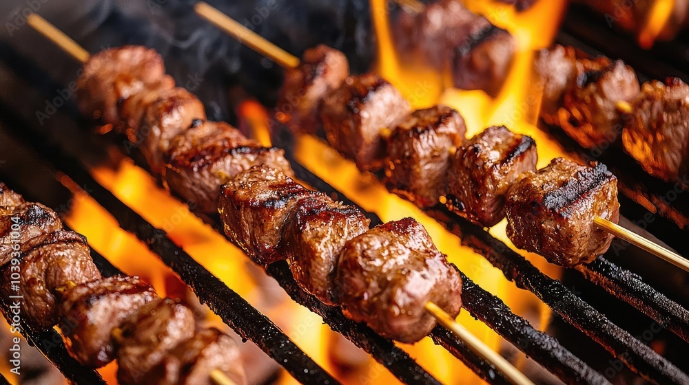 Grilled skewers of marinated meat over blazing fire, creating a smoky flavor. Grilled skewers of marinated meat over blazing fire, creating a smoky flavor.
