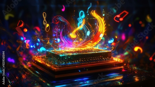 Glowing Theremin with Neon Lights and Musical Accents photo