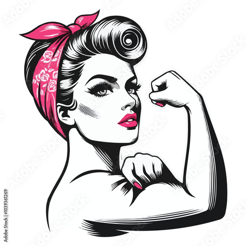 vintage-inspired confident woman flexing her bicep