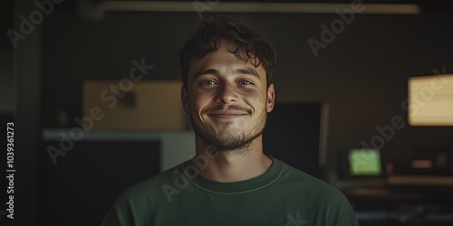 Smiling Young Man in Casual Attire with a Modern Office Background