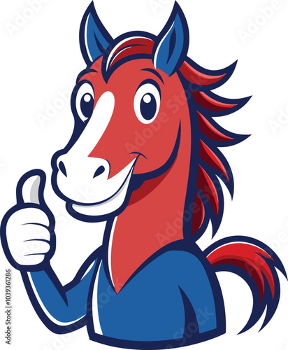 Thumbs Up Horse Mascot: This happy red horse mascot gives a thumbs up in a cartoon illustration style. Cheerful and friendly.