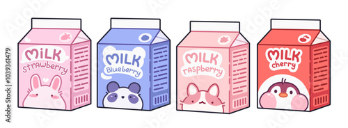 Milk cardboard package with fruit and berry flavor and kawaii animal characters image. Cartoon vector dairy children product with cute funny bunny and panda bear, cat and penguin face on carton box
